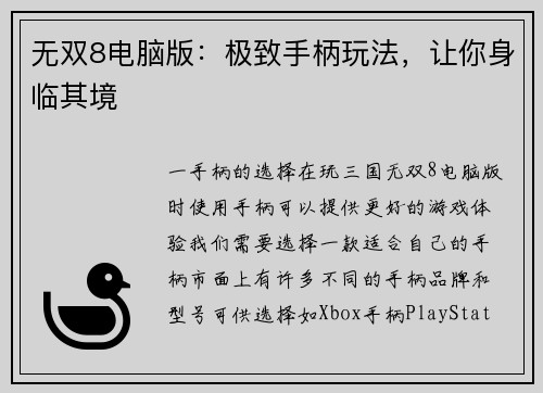 无双8电脑版：极致手柄玩法，让你身临其境