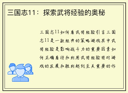 三国志11：探索武将经验的奥秘