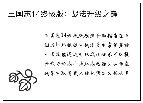 三国志14终极版：战法升级之巅